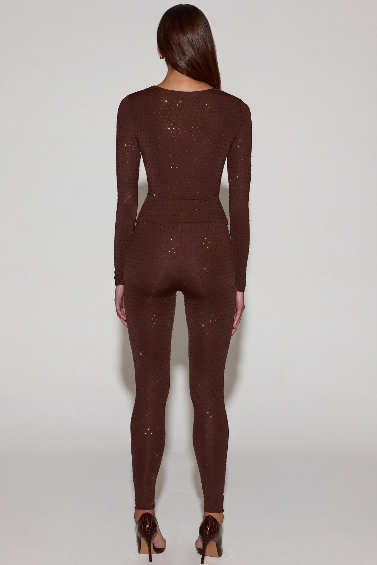 Chic Embellished Jersey High-Waisted Leggings in Chocolate Brown