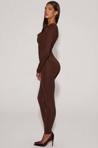 Chic Embellished Jersey High-Waisted Leggings in Chocolate Brown
