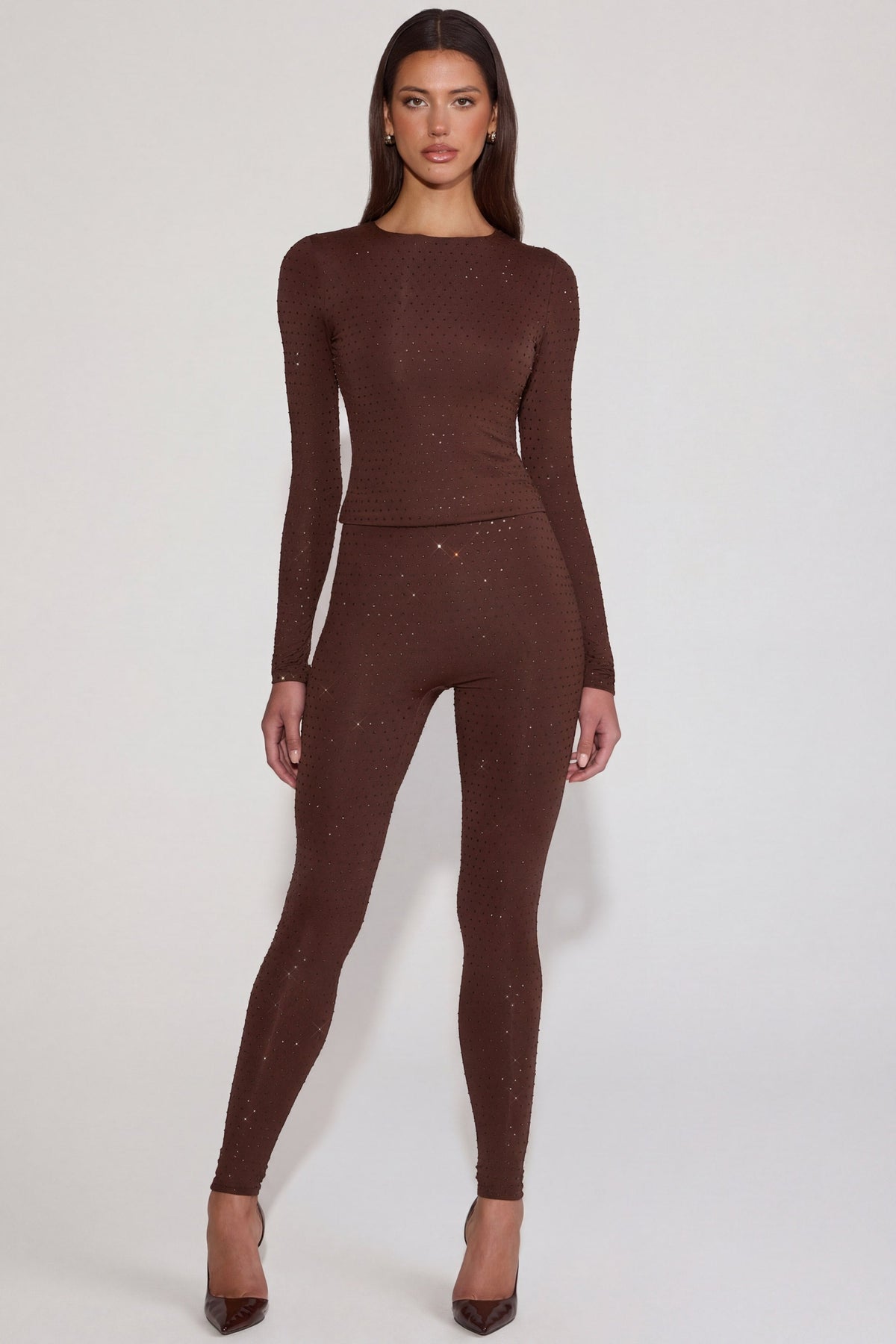 Chic Embellished Jersey High-Waisted Leggings in Chocolate Brown