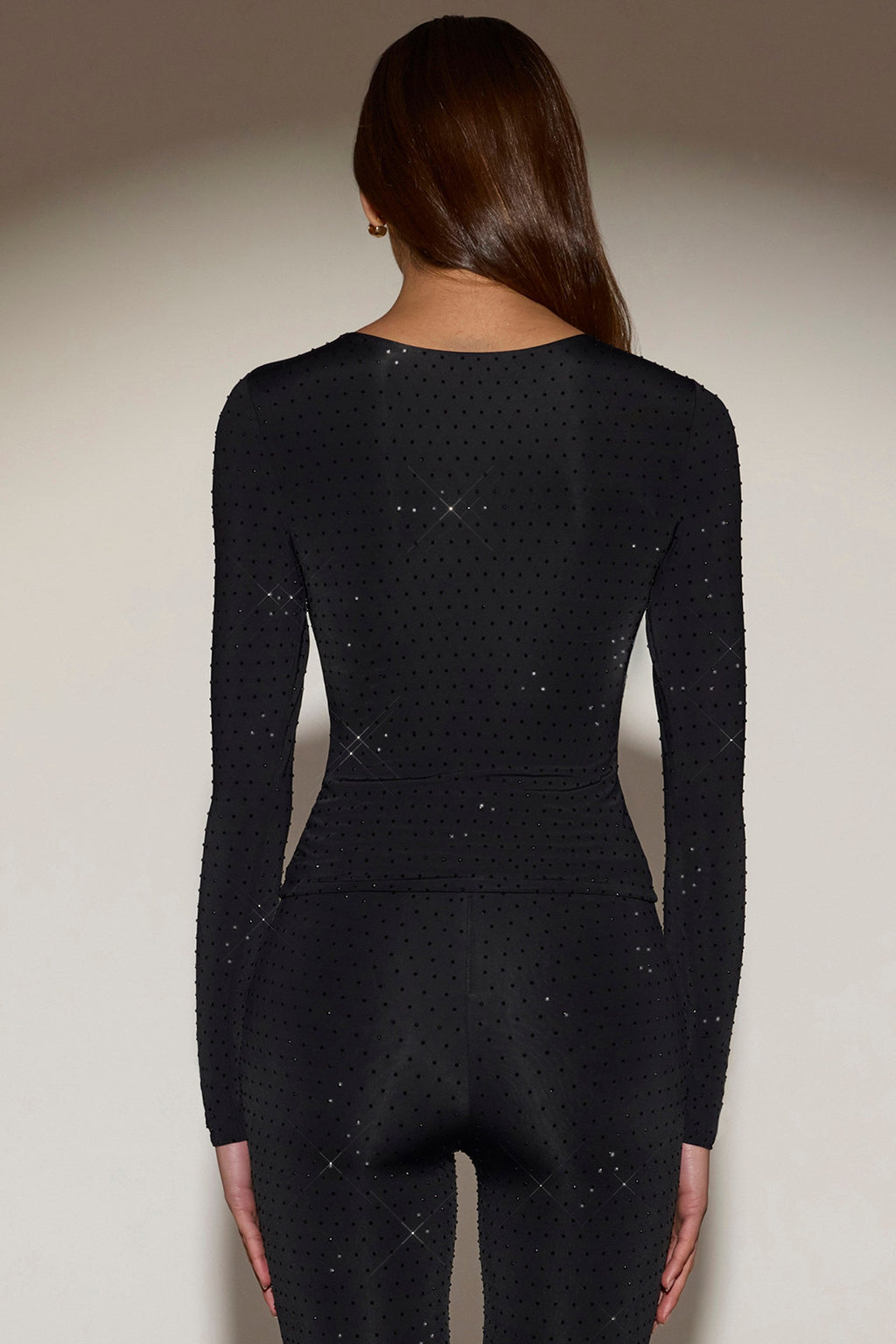Chic Embellished Crew-Neck Long-Sleeve Top in Black