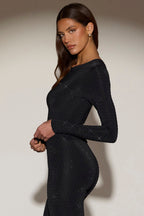 Chic Embellished Crew-Neck Long-Sleeve Top in Black