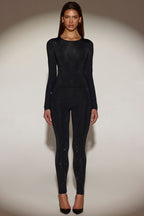 Chic Embellished Crew-Neck Long-Sleeve Top in Black