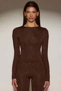 Chic Embellished Crew-Neck Long-Sleeve Top in Chocolate Brown