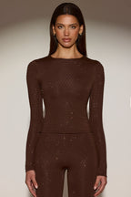Chic Embellished Crew-Neck Long-Sleeve Top in Chocolate Brown