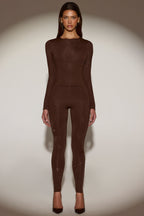 Chic Embellished Crew-Neck Long-Sleeve Top in Chocolate Brown
