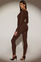 Chic Embellished Crew-Neck Long-Sleeve Top in Chocolate Brown