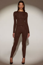 Chic Embellished Crew-Neck Long-Sleeve Top in Chocolate Brown