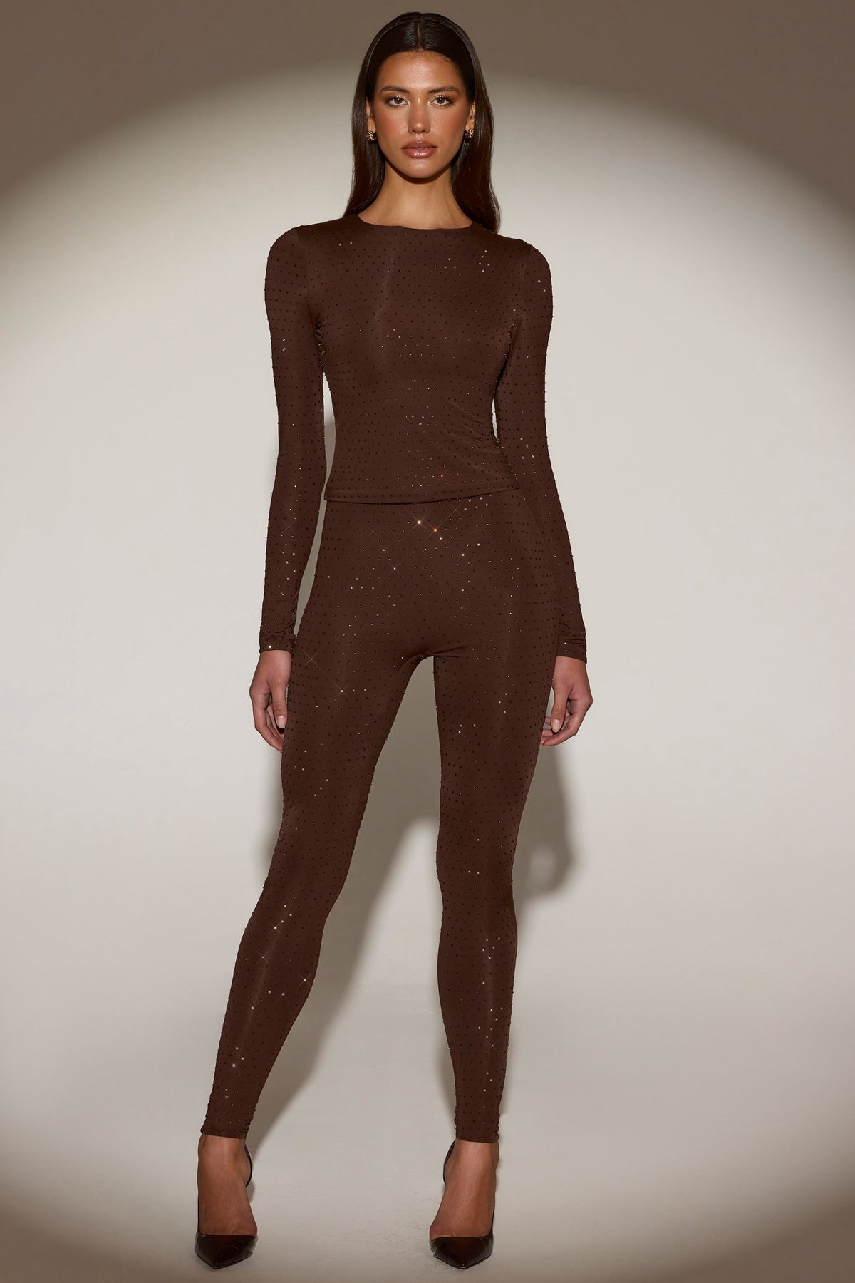 Chic Embellished Crew-Neck Long-Sleeve Top in Chocolate Brown