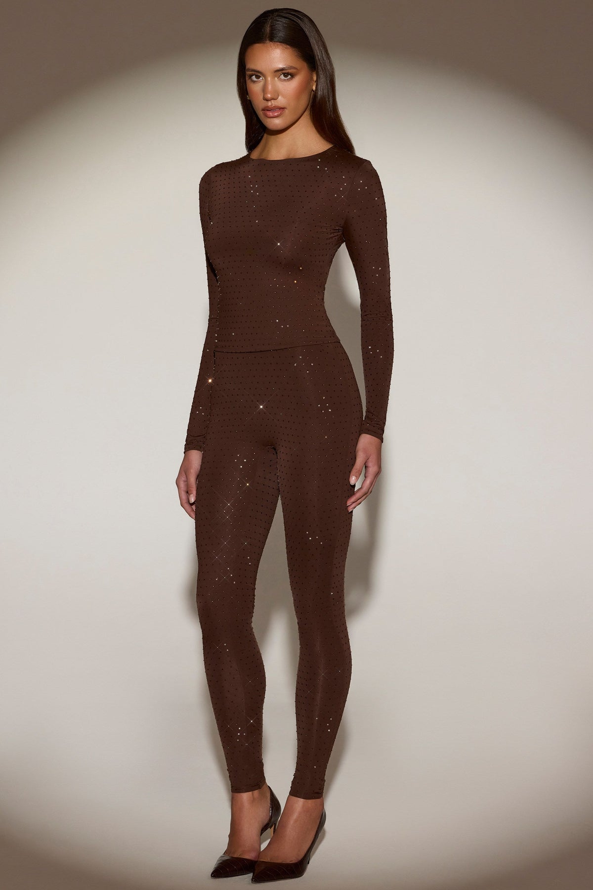 Chic Embellished Crew-Neck Long-Sleeve Top in Chocolate Brown