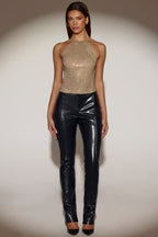 Chic Embellished Jersey Halterneck Backless Top in Gold