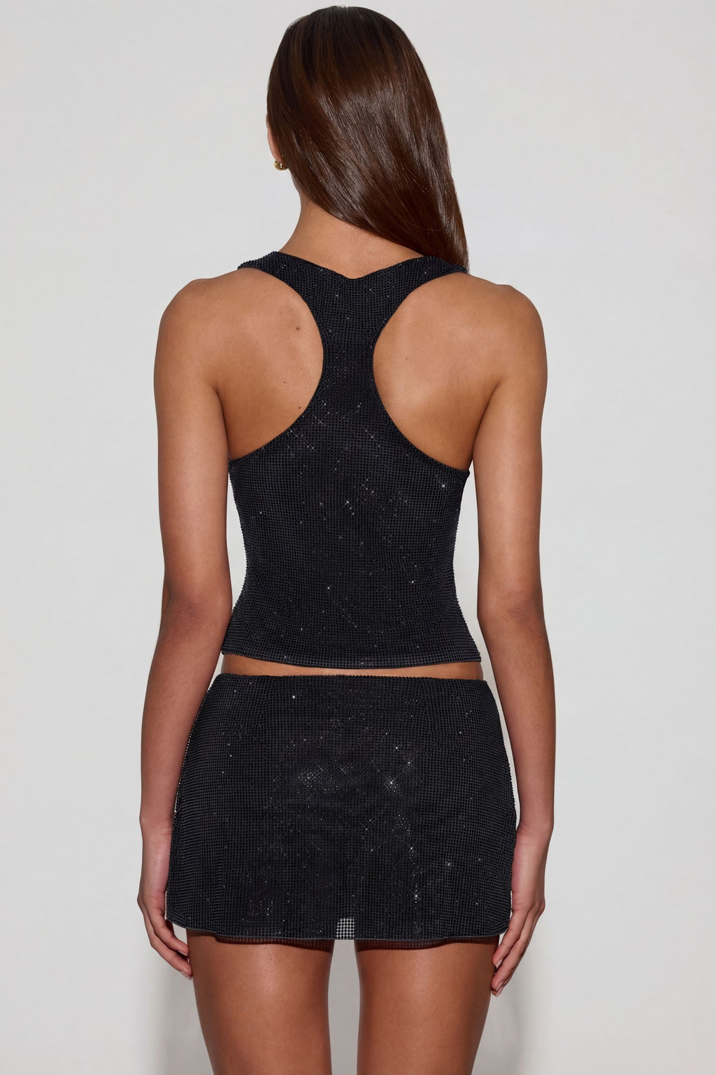 Chic Embellished Jersey Scoop-Neck Racerback Top in Black