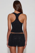 Chic Embellished Jersey Scoop-Neck Racerback Top in Black