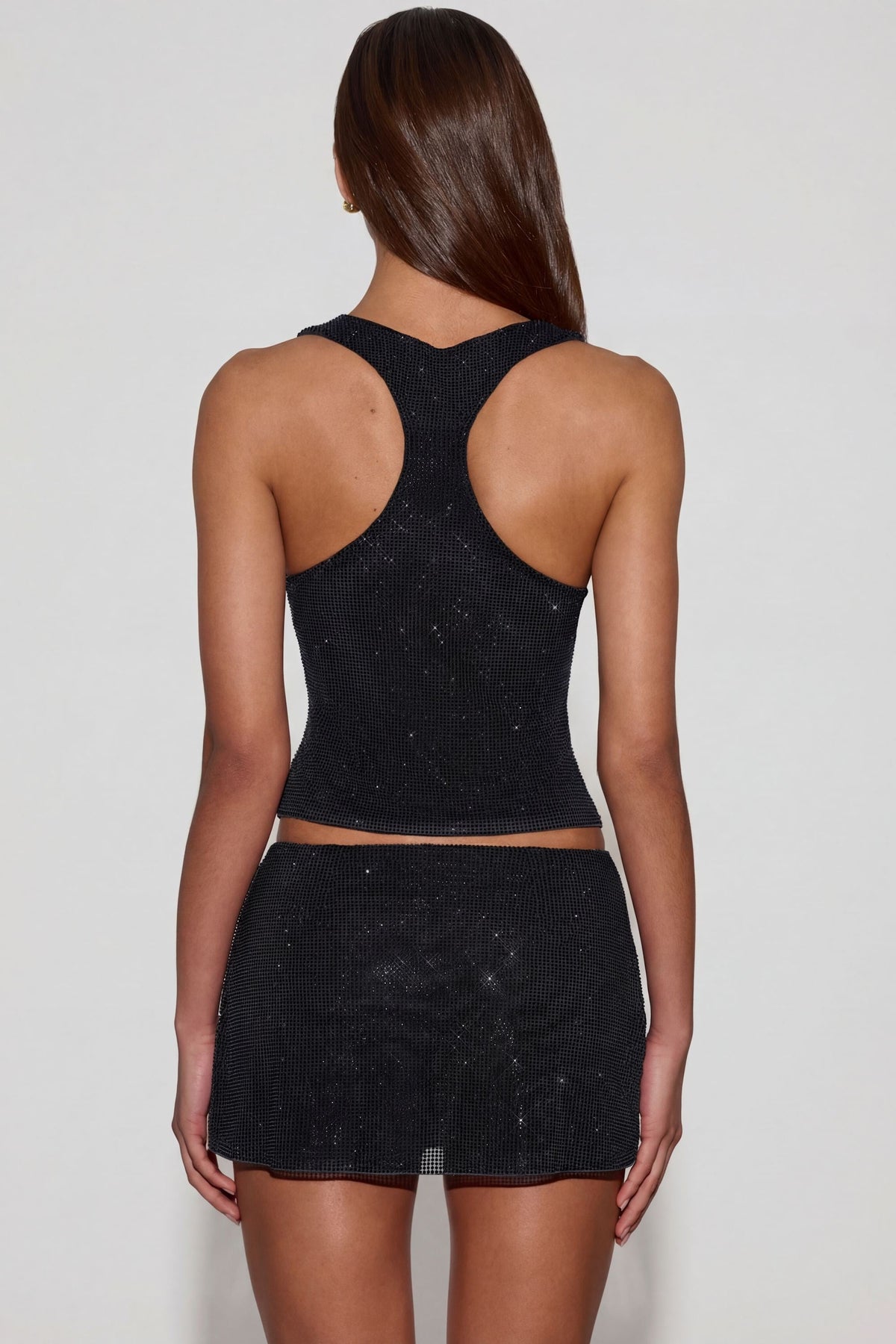 Chic Embellished Jersey Scoop-Neck Racerback Top in Black