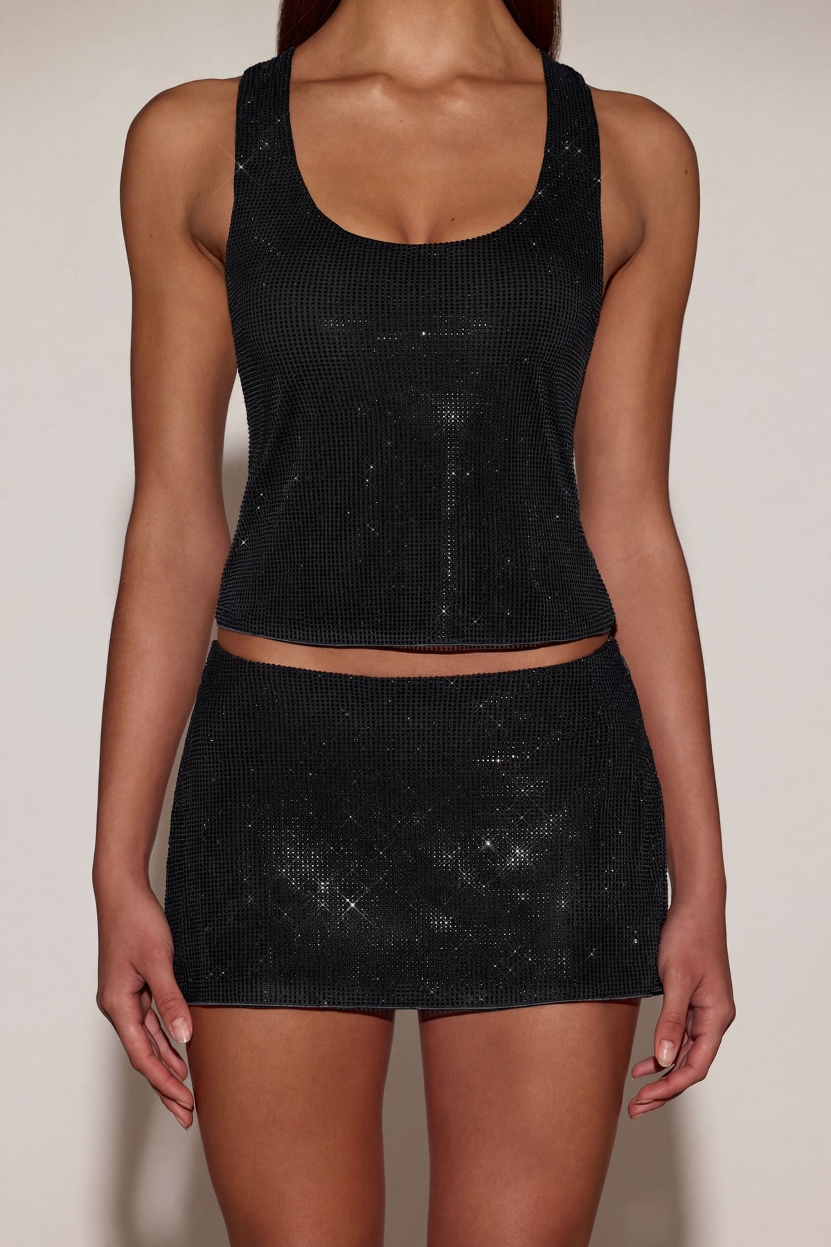 Chic Embellished Jersey Scoop-Neck Racerback Top in Black