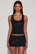Chic Embellished Jersey Scoop-Neck Racerback Top in Black