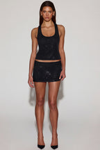 Chic Embellished Jersey Scoop-Neck Racerback Top in Black