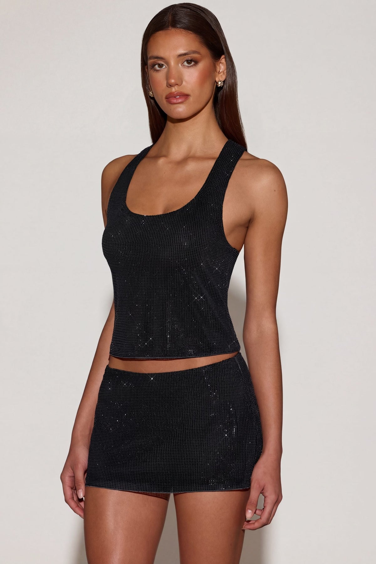 Chic Embellished Jersey Scoop-Neck Racerback Top in Black