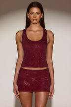 Chic Embellished Jersey Scoop-Neck Racerback Top in Burgundy