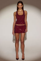 Chic Embellished Jersey Scoop-Neck Racerback Top in Burgundy