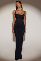 Chic Sheer Embellished Backless Maxi Dress in Black