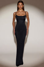 Chic Sheer Embellished Backless Maxi Dress in Black