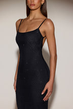 Chic Sheer Embellished Backless Maxi Dress in Black