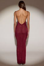 Chic Sheer Embellished Backless Maxi Dress in Burgundy
