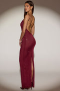 Chic Sheer Embellished Backless Maxi Dress in Burgundy