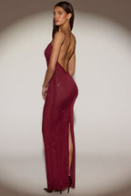 Chic Sheer Embellished Backless Maxi Dress in Burgundy