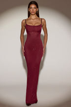 Chic Sheer Embellished Backless Maxi Dress in Burgundy
