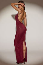 Chic Sheer Embellished Backless Maxi Dress in Burgundy