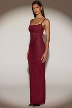 Chic Sheer Embellished Backless Maxi Dress in Burgundy