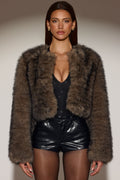 Chic Cropped Faux-Fur Jacket in Chocolate Brown