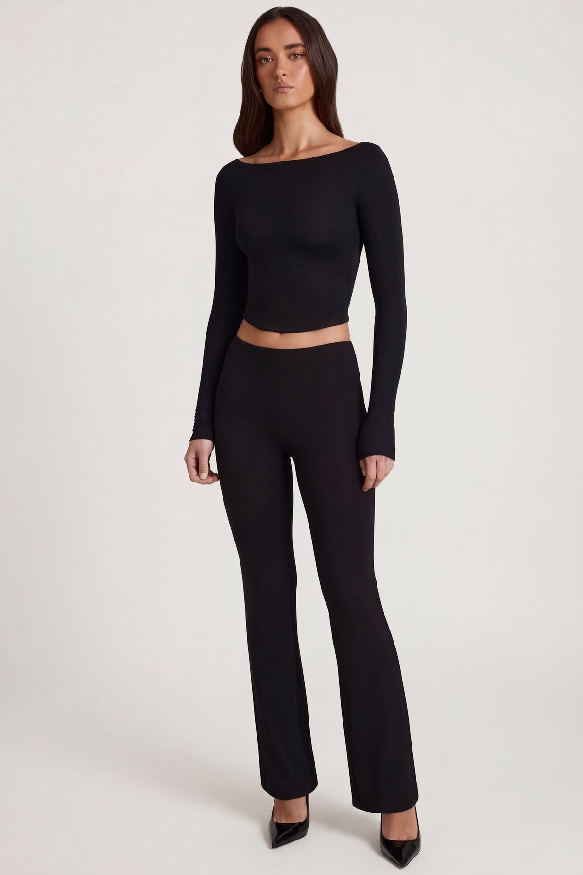 Chic Modal Mid-Rise Flared Trousers in Black