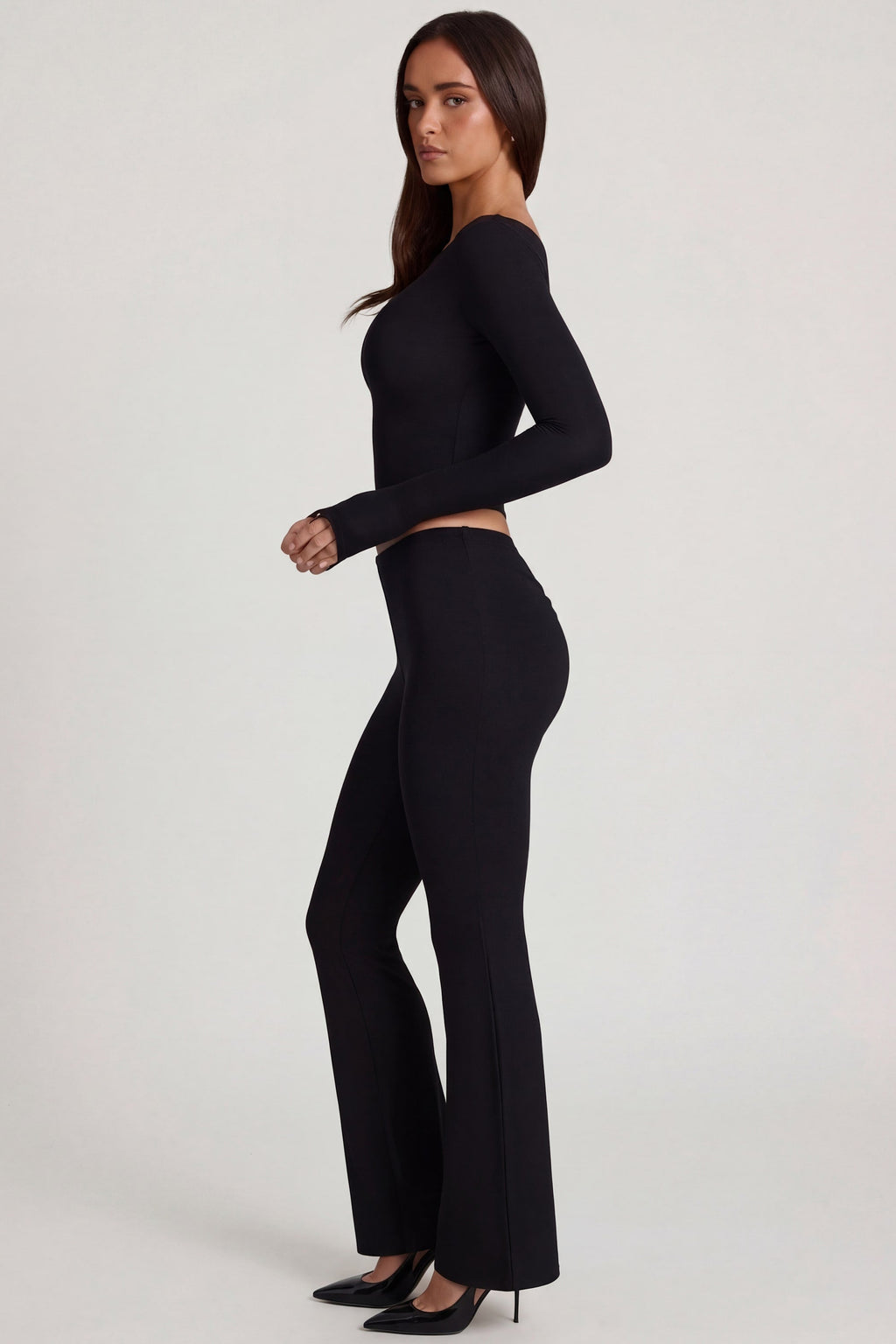 Chic Modal Mid-Rise Flared Trousers in Black