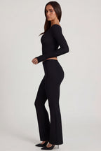 Chic Modal Mid-Rise Flared Trousers in Black