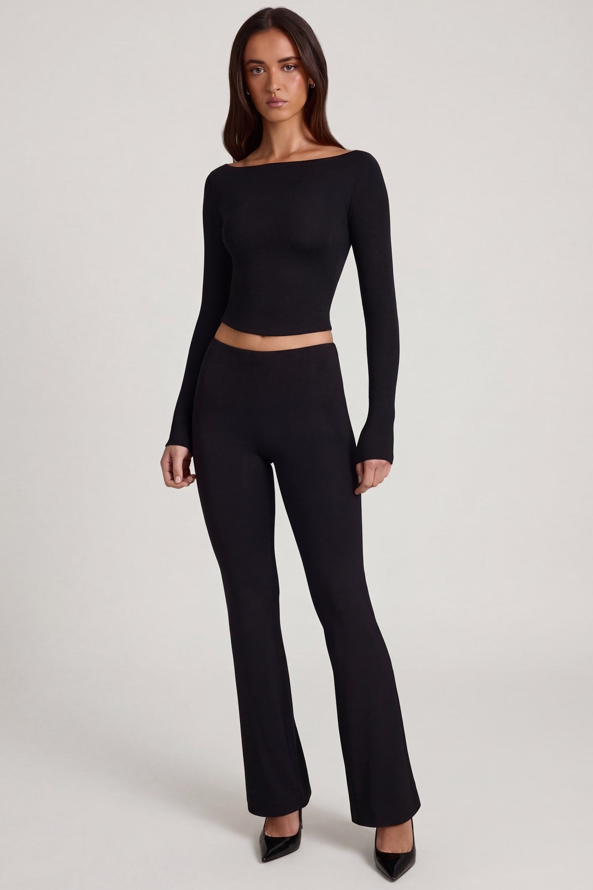 Chic Modal Mid-Rise Flared Trousers in Black