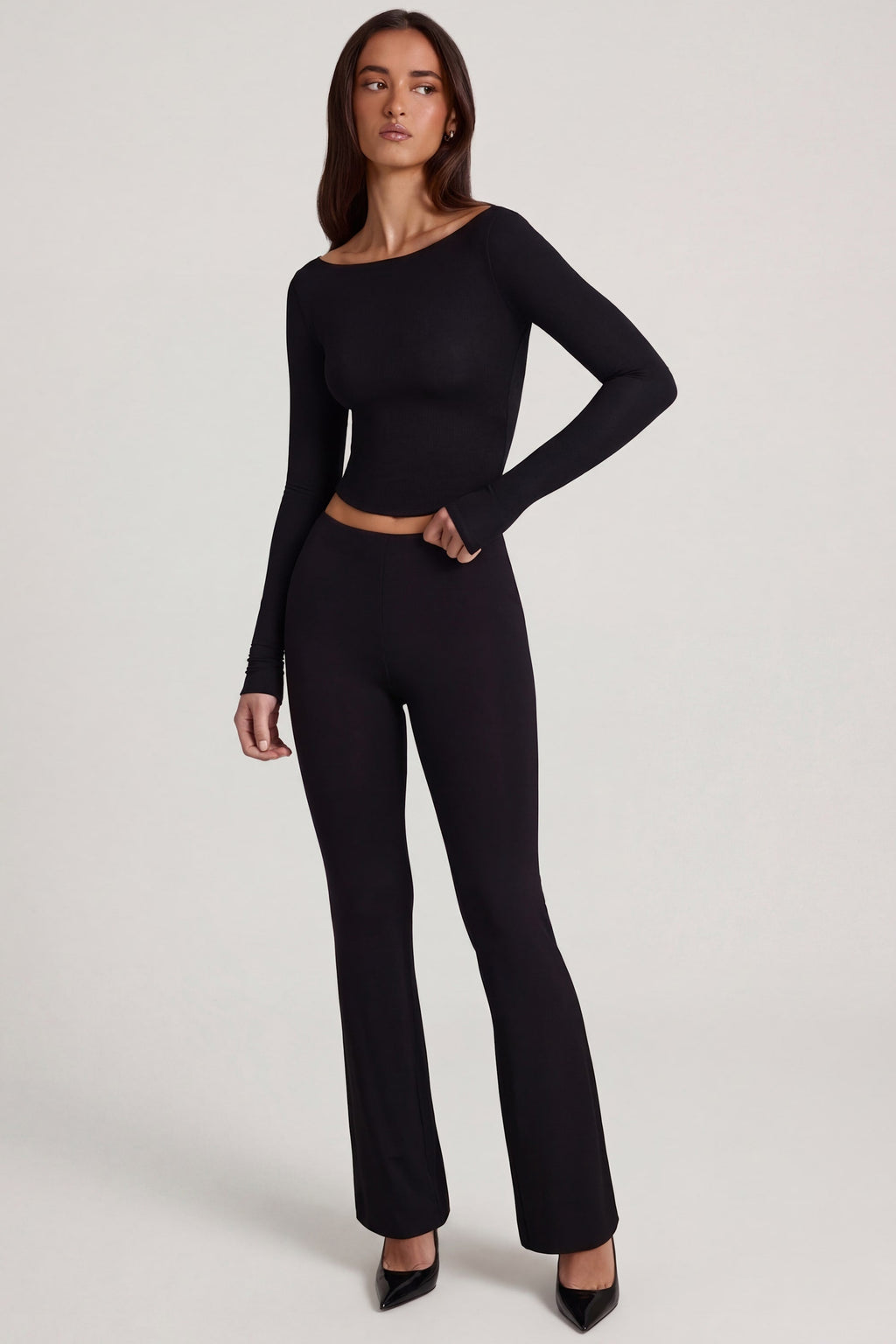 Chic Modal Mid-Rise Flared Trousers in Black