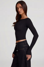 Chic Modal Boat-Neck Long-Sleeve Top in Black