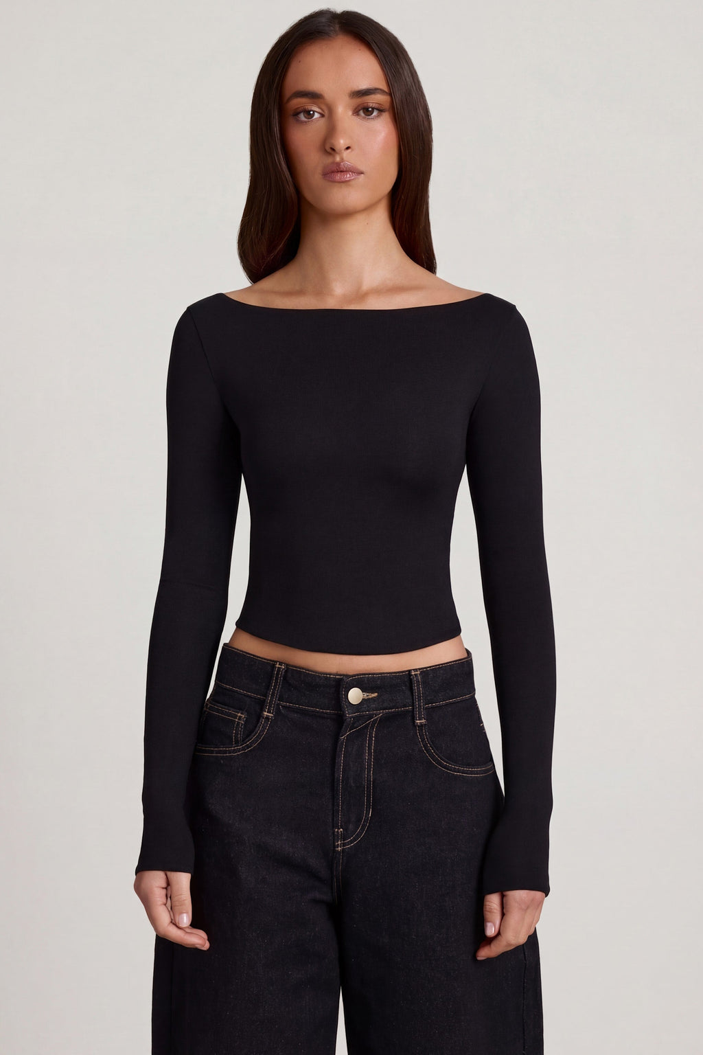 Chic Modal Boat-Neck Long-Sleeve Top in Black