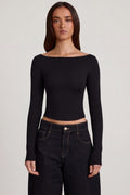Chic Modal Boat-Neck Long-Sleeve Top in Black
