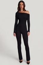 Chic Modal Off-Shoulder Long-Sleeve Jumpsuit in Black