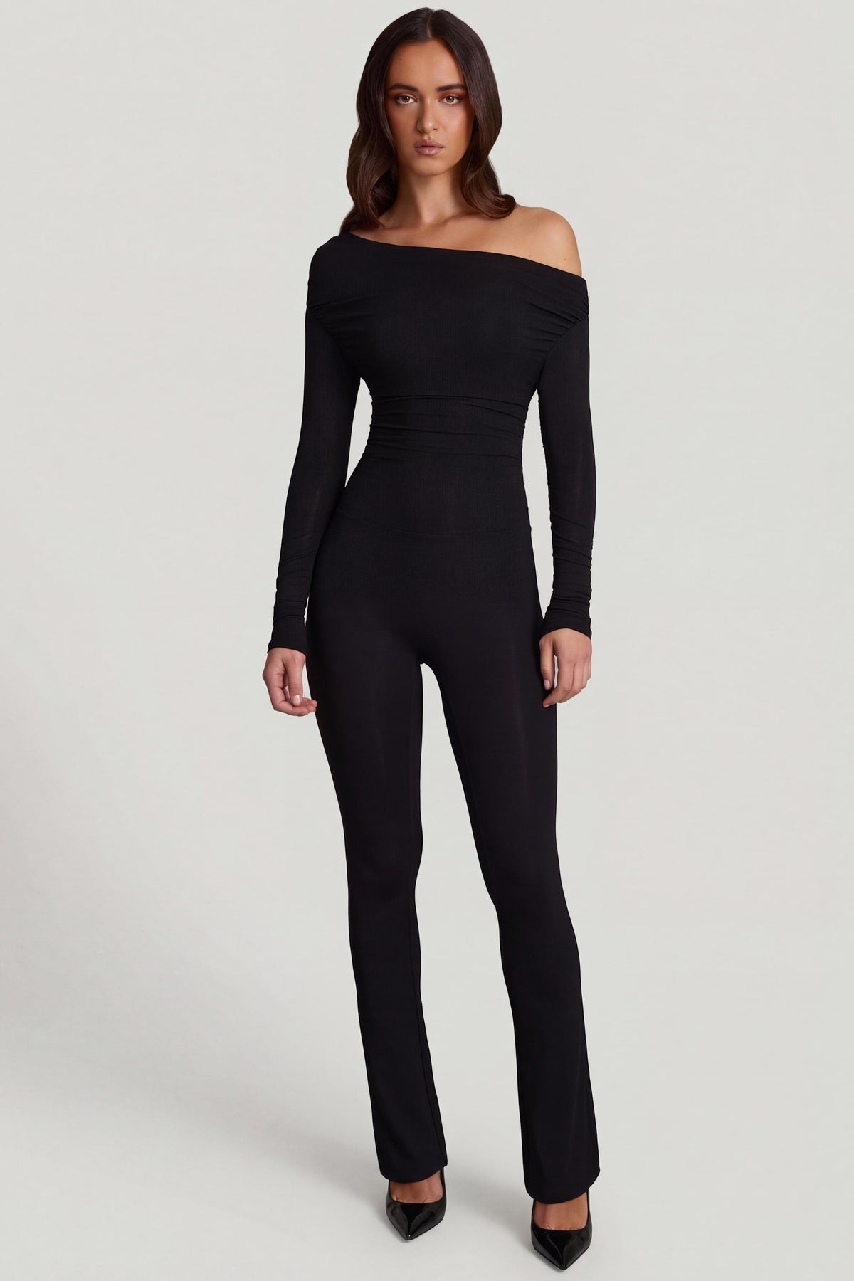 Chic Modal Off-Shoulder Long-Sleeve Jumpsuit in Black