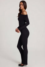 Chic Modal Off-Shoulder Long-Sleeve Jumpsuit in Black