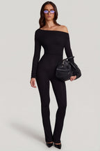 Chic Modal Off-Shoulder Long-Sleeve Jumpsuit in Black