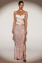 Chic Embellished Mid-Rise Thigh-Split Maxi Skirt in Rose Gold