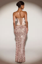 Chic Embellished Mid-Rise Thigh-Split Maxi Skirt in Rose Gold