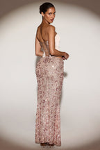 Chic Embellished Mid-Rise Thigh-Split Maxi Skirt in Rose Gold