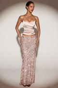 Chic Embellished Mid-Rise Thigh-Split Maxi Skirt in Rose Gold
