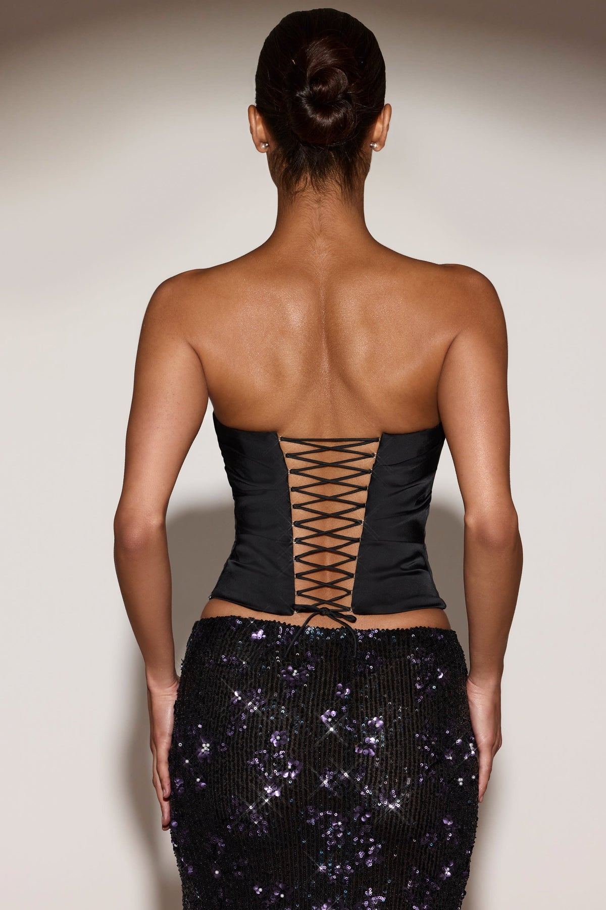 Chic Satin Draped Lace-Up Corset Top in Black Purple